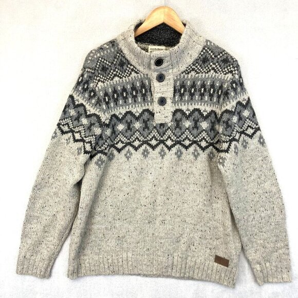 Boston Crew Fair Isle Heavy Knit Sweater Mens Large 42-44 Gray Skicore Preppy - Picture 1 of 16